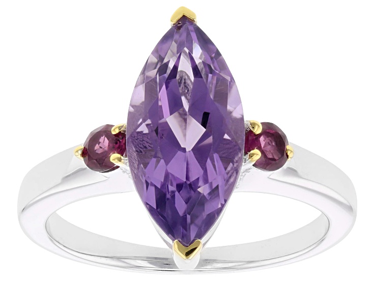 Pre-Owned Canela Amethyst With Rhodolite Rhodium & 18K Yellow Gold Over Sterling Ring 3.05ctw