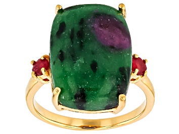 Picture of Pre-Owned Multi-Color Ruby Zoisite 18k Yellow Gold Over Sterling Silver Ring 0.32ctw