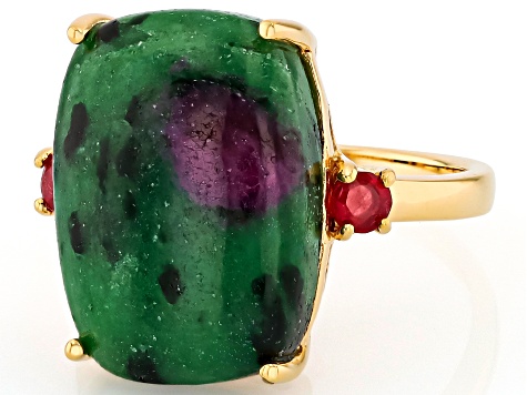 Pre-Owned Multi-Color Ruby Zoisite 18k Yellow Gold Over Sterling Silver Ring 0.32ctw