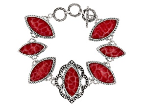 Pre-Owned Red Coral Sterling Silver Station Bracelet 26x13mm, 20x10mm