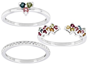 Pre-Owned Multi-Color Tourmaline Rhodium Over Sterling Silver Set of 3 Rings 0.82ctw