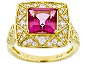 Pre-Owned Pink Topaz with White Moissanite Fire® 18k Yellow Gold Over Sterling Silver Ring 3.49ctw