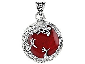 Pre-Owned Coral & White Mother-of-Pearl Silver Reversible Dragon Pendant