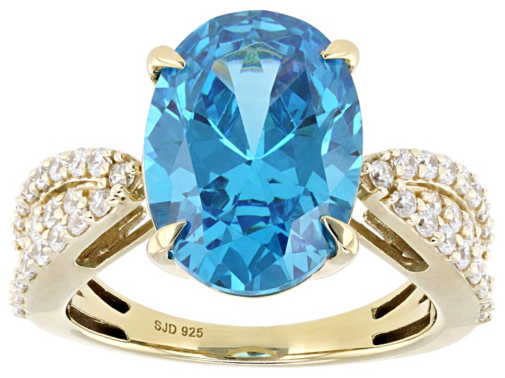 Pre-Owned Blue and White Cubic Zirconia 18k Yellow Gold Over Sterling Silver Ring 9.72ctw