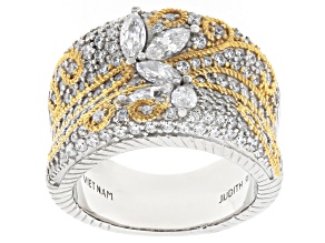 Pre-Owned Judith Ripka White Cubic Zirconia Rhodium and 14k Yellow Gold Clad Harmony Wide Band Ring