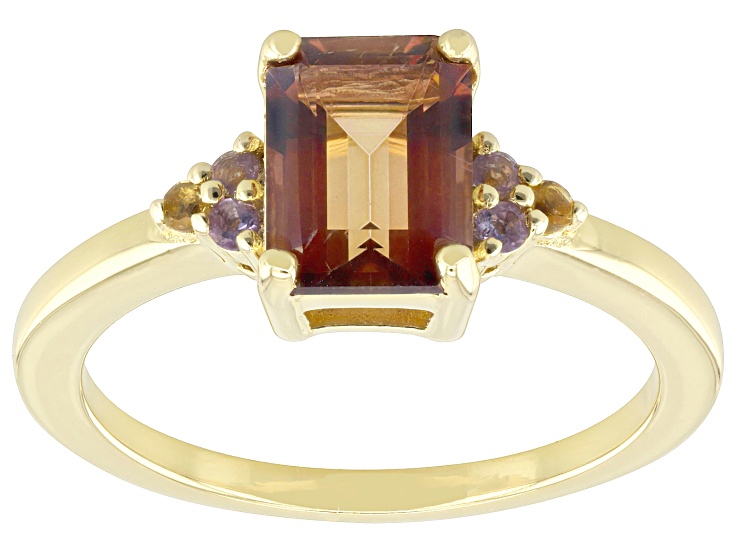Pre-Owned Red Labradorite With Amethyst And Citirine 18k Yellow Gold Over Sterling Silver Ring 1.36c