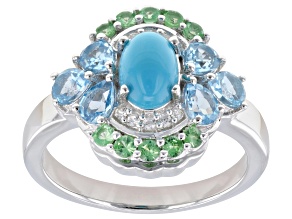 Pre-Owned Blue Sleeping Beauty Turquoise with Multi Gemstone Rhodium Over Sterling Silver Ring 1.19c