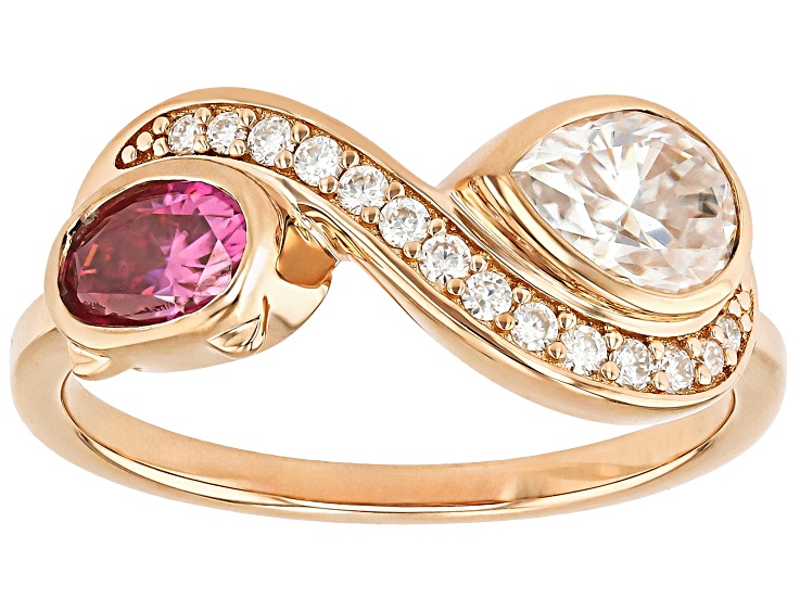 Pre-Owned Pink And Colorless Moissanite 14k Rose Gold Over Silver Cat Ring 1.40ctw DEW.