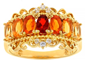 Pre-Owned Orange Fire Opal with White Zircon 18k Yellow Gold Over Sterling Silver Ring 1.06ctw