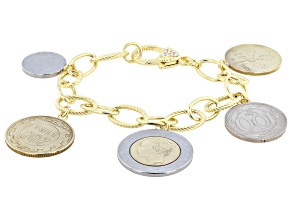Pre-Owned Judith Ripka Genuine Italian Silver Coin Charm 14k Gold Clad Verona Bracelet 0.08ctw
