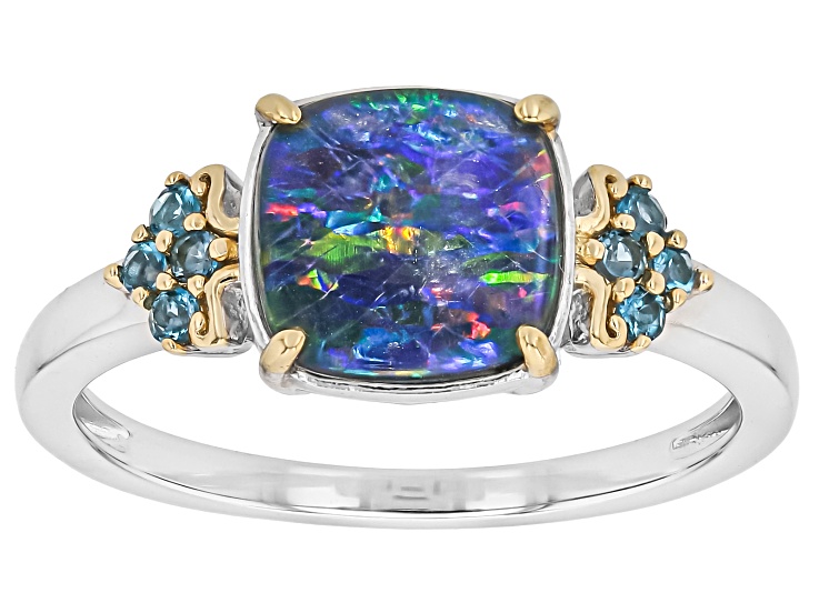 Pre-Owned Australian Opal Triplet with London Blue Topaz Rhodium & 18k Gold Over Silver Ring, 8mm, 0