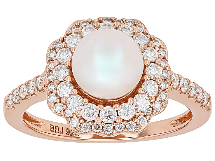 Pre-Owned White Cultured Japanese Akoya Pearl With Moissanite Fire® 18k Rose Gold Over Sterling Silv