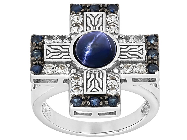 Pre-Owned Blue Star Sapphire Rhodium Over Sterling Silver Cross Ring 1.00ctw