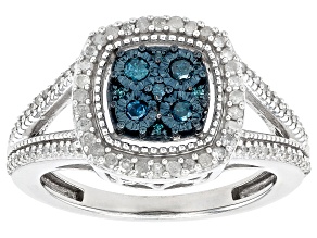 Pre-Owned Blue And White Diamond Rhodium Over Sterling Silver Cluster Ring 0.50ctw