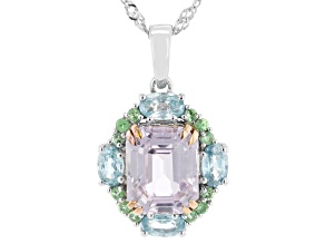 Pre-Owned Pink Kunzite Rhodium And 18K Rose Gold Over Silver Pendant with Chain 5.17ctw