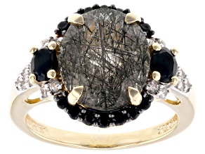 Pre-Owned Tourmalinated Quartz, Black Spinel, White Zircon 18k Yellow Gold Over Sterling Silver Ring