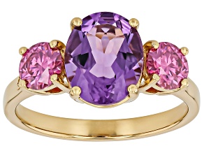 Pre-Owned Canela Amethyst With Pink and White Moissanite 18K Yellow Gold Over Sterling Silver Ring 3