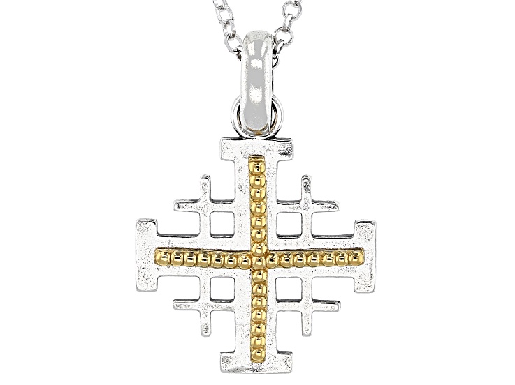 Pre-Owned Two-Tone Sterling Silver & 14K Gold Over Silver Jerusalem Cross Enhancer With 18" Chain