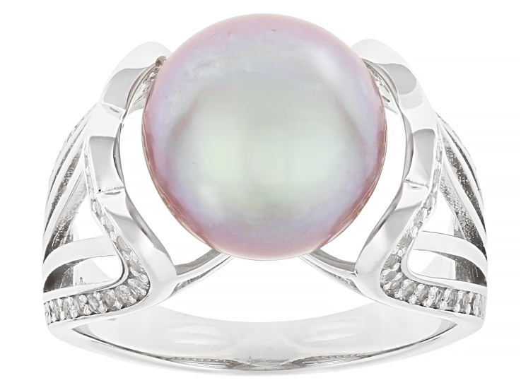 Pre-Owned Purple Cultured Freshwater Pearl With White Topaz Rhodium Over Sterling Silver Ring 0.48ct