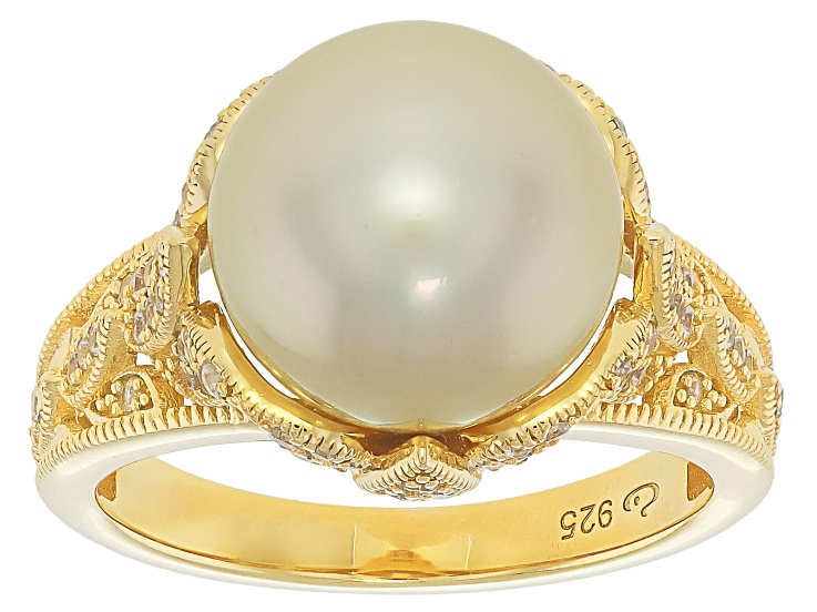 Pre-Owned Golden Cultured South Sea Pearl With White Zircon 18K Yellow Gold Over Sterling Silver Rin