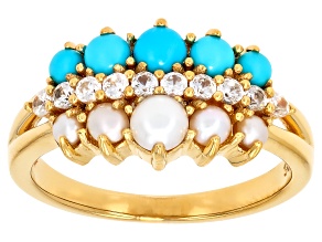 Pre-Owned Sleeping Beauty Turquoise With Cultured Seed Pearl, & White Zircon 18k Yellow Gold Over Si