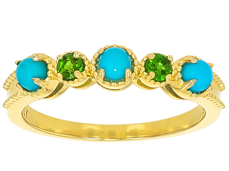 Pre-Owned Blue Sleeping Beauty Turquoise With Chrome Diopside 18k Yellow Gold Over Sterling Silver R