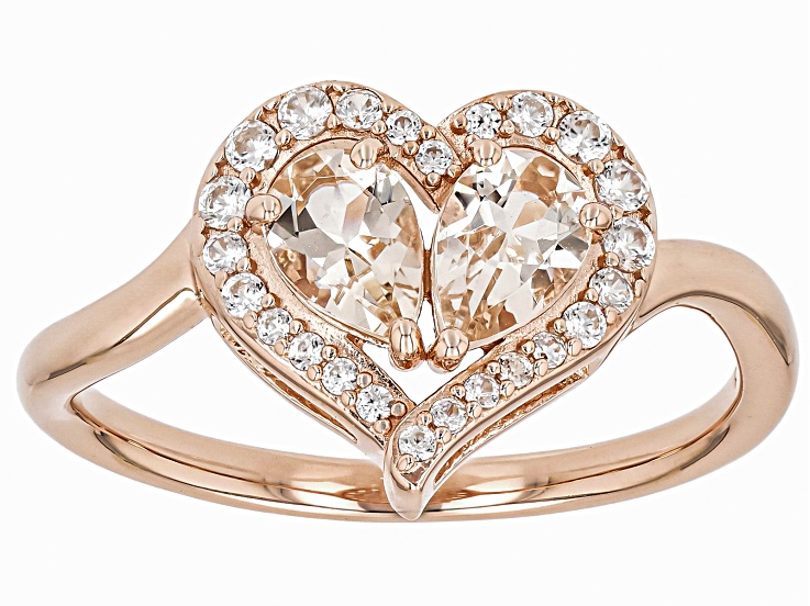 Pre-Owned Peach Morganite With White Zircon 18k Rose Gold Over Sterling Silver Heart Ring 0.78