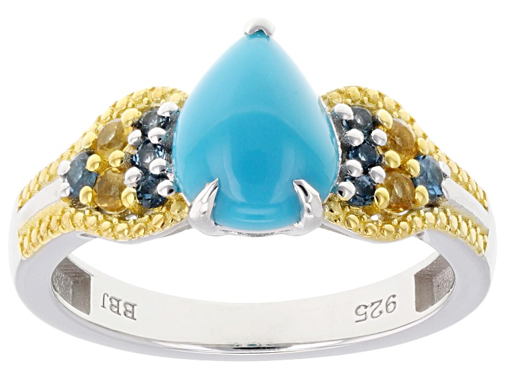Pre-Owned Blue Sleeping Beauty Turquoise Rhodium & 18K Yellow Gold Sterling Silver Ring 0.27ctw