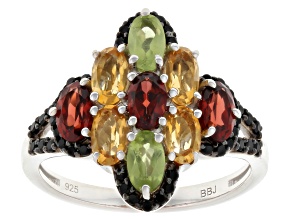 Pre-Owned Multi-Color Multi-Gemstone Rhodium Over Sterling Silver Ring 2.40ctw