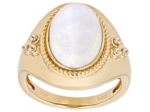 Pre-Owned Rainbow Moonstone with White Zircon 18K Yellow Gold Over Sterling Silver Ring 0.05ctw