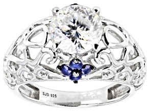 Pre-Owned Moissanite And Blue Sapphire Platineve Ring 2.17ctw DEW