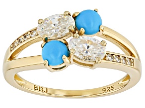 Pre-Owned Strontium Titanate, Sleeping Beauty Turquoise With Zircon 18K Yellow Gold Over Silver Ring
