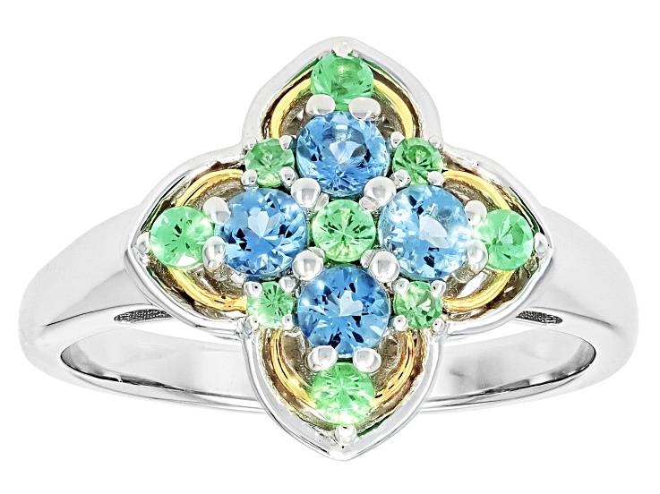 Pre-Owned Blue Ofiki Aquamarine Rhodium and 18K Yellow Gold Over Sterling Silver Ring 0.56ctw