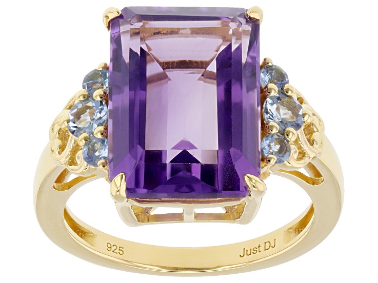 Pre-Owned Purple Canela Amethyst With Blue Ofiki Aquamarine 18K Yellow Gold Over Sterling Silver Rin