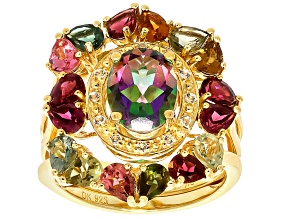 Pre-Owned Green Mystic Topaz 18k Yellow Gold Over Sterling Silver Ring 4.58ctw