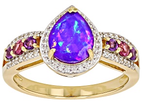 Pre-Owned Purple Ethiopian Opal With Multi Gemstones 18k Yellow Gold Over Sterling Silver Ring 1.46c