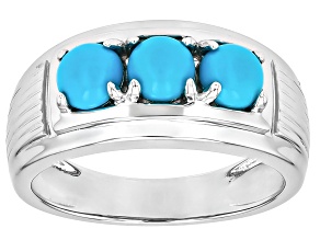 Pre-Owned Blue Sleeping Beauty Turquoise Rhodium Over Sterling Silver 3-Stone Mens Ring
