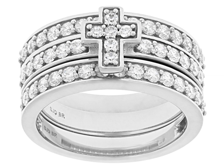 Pre-Owned White Cubic Zirconia Rhodium Over Brass Cross Ring Set of 3 2.00ctw