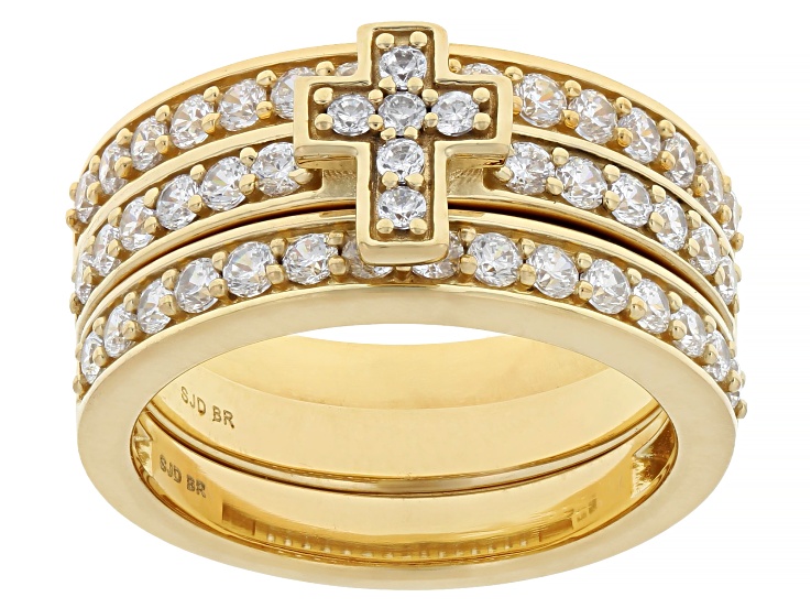 Pre-Owned White Cubic Zirconia 18k Yellow Gold Over Brass Cross Ring Set of 3 2.00ctw