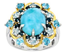 Pre-Owned Blue Larimar Rhodium and 18k Yellow Gold Over Silver Ring 1.87ctw