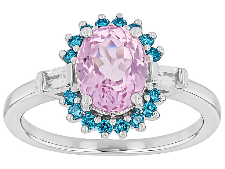 Pre-Owned Kunzite with Blue Lab-Grown Diamond & White Zircon Rhodium Over Sterling Silver Ring 2.64c
