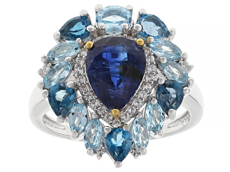 Pre-Owned Blue Kyanite with Topaz & Zircon Rhodium & 18K Yellow Gold Over Sterling Silver Ring 3.42c
