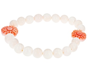 Pre-Owned Pink and White Conch Shell Carved Flower Stretch Bracelet