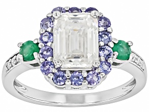 Pre-Owned Moissanite With Tanzanite And Zambian Emerald Platineve Ring 1.81ctw DEW.