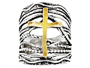 Pre-Owned Sterling Silver & 14K Yellow Gold Over Sterling Silver Statement Cross Ring