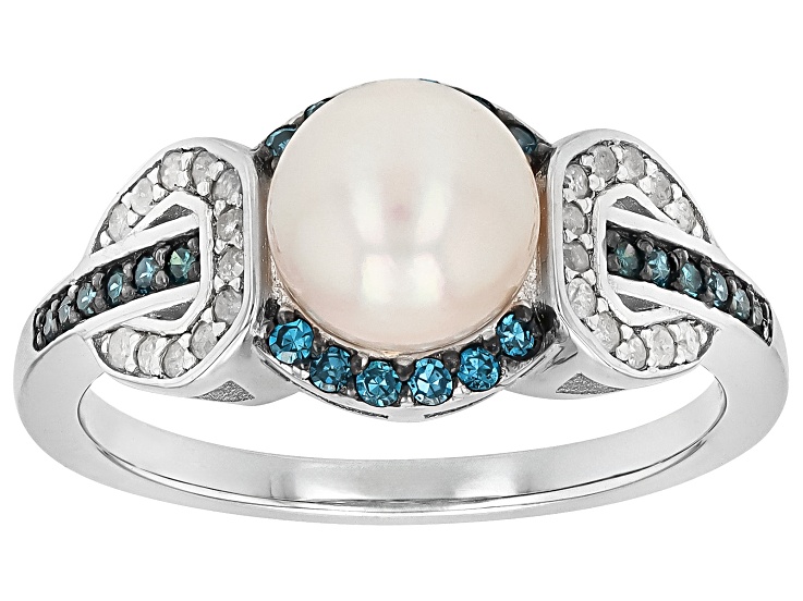Pre-Owned White Cultured Japanese Akoya Pearl With 0.29ctw Blue & White Diamond Rhodium Over Silver