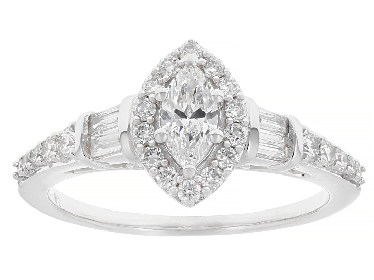 Pre-Owned Marquise, Baguette, Round Lab-Grown Diamond F-G VS Rhodium Over Sterling Silver Halo Ring