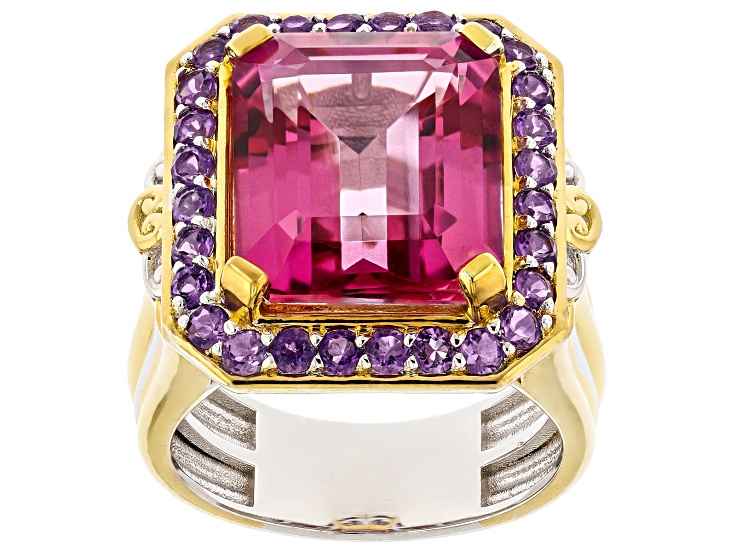Pre-Owned Pink Topaz Rhodium & 24k Yellow Gold Over Palladium Sterling Silver Ring 12.71ctw
