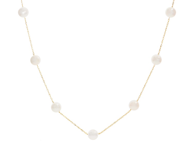 Pre-Owned White Cultured Freshwater Pearl 14k Yellow Gold Station 24 Inch Necklace