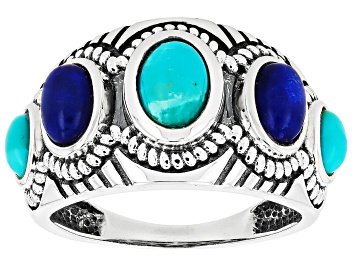 Picture of Pre-Owned Blue Composite Turquoise & Lapis Oxidized Sterling Silver 5-Stone Ring, 7x5mm